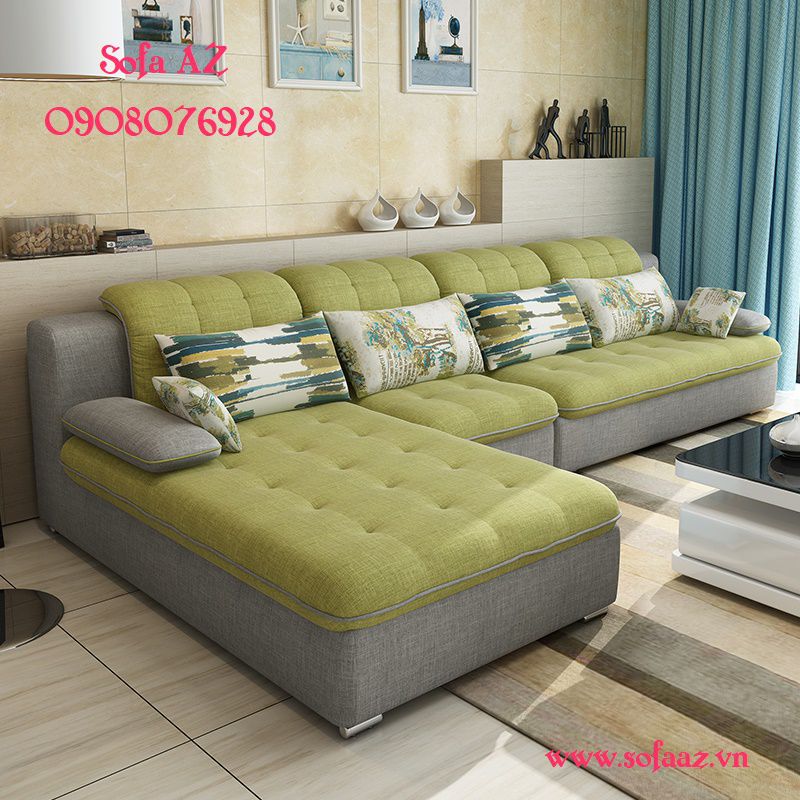 Sofa góc SGG-05 nệm xanh khung xám phòng khách hiện đại